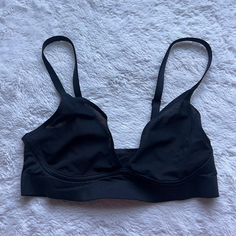 Aerie Smoothez Mesh Bralette True Black XS Wireless Unlined V-Neck Bra NWOT Cozy